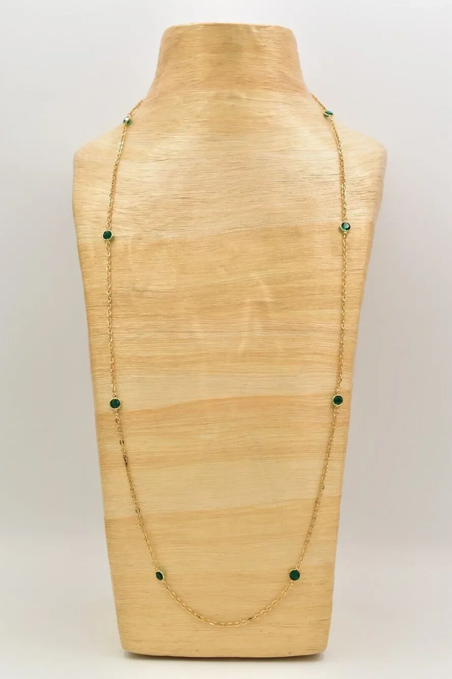 Vintage Green Open Bezel Crystal Necklace Station Chain Gold Tone 1980s BinBJ